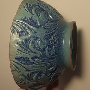 VTG Asian Dark turquoise blue high relief ceramic bowl. 7" diameter x 3 1/2" hi.
